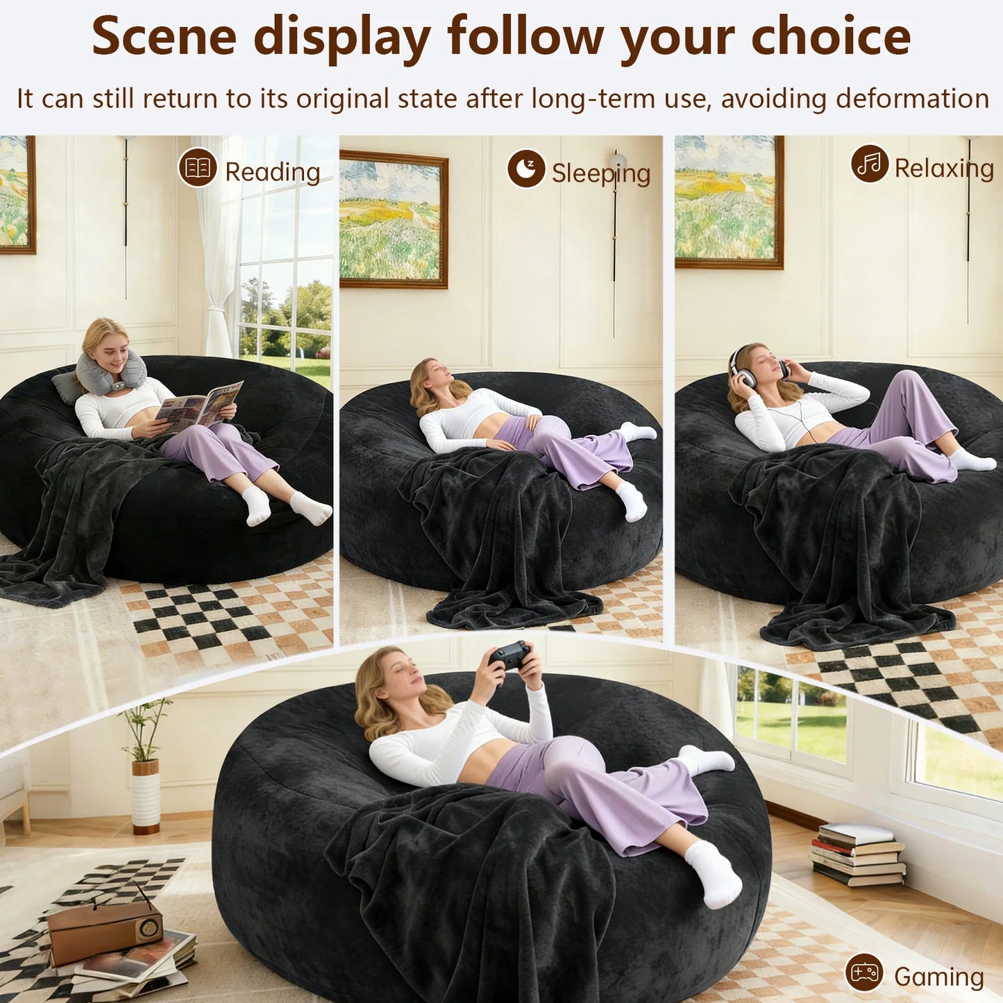 Adult Memory Foam Beanbag Chair With Washable Flannel Cover