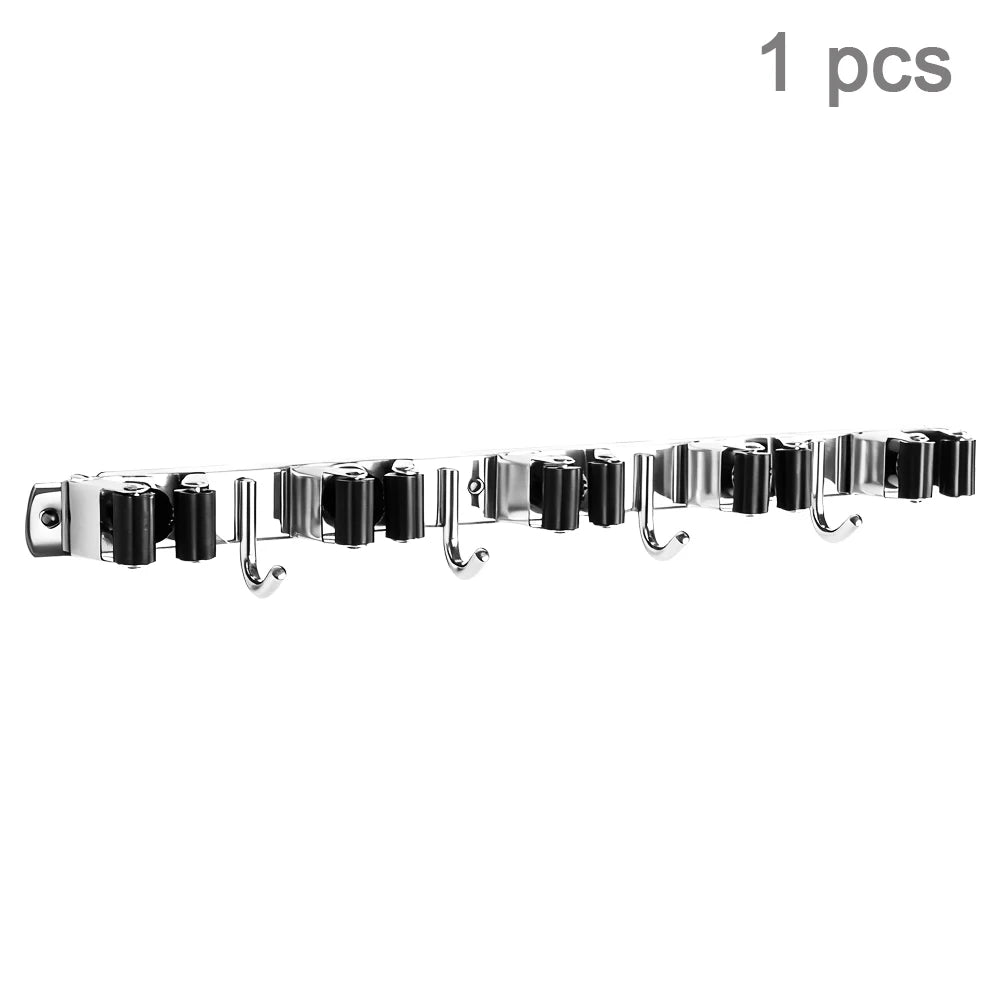 Stainless Steel Four Hook Broom Mop Organizer Wall Mounted Rack