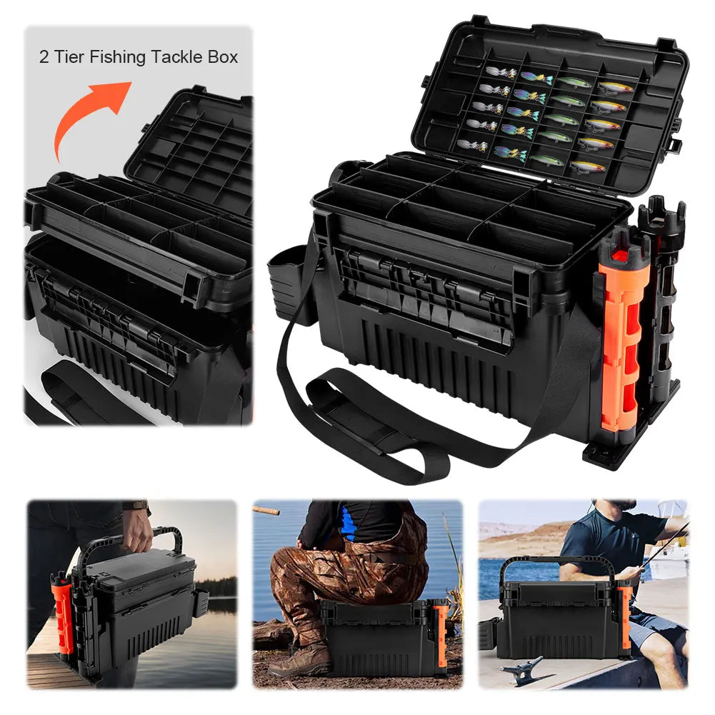 2 Tier Fishing Tackle Box With Cup Holder And Rod Holder