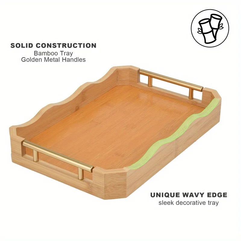 Bamboo Serving Tray Set Of 2 With Handles Wave Edge
