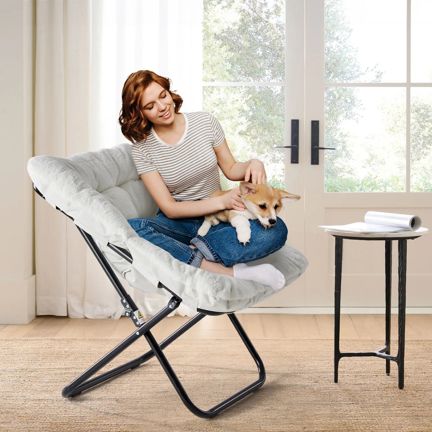 28IN Cozy Saucer Chairs Soft Faux Fur Large Size Folding Lounge Living Room Padded Seat Metal Frame Reading Chair Furniture