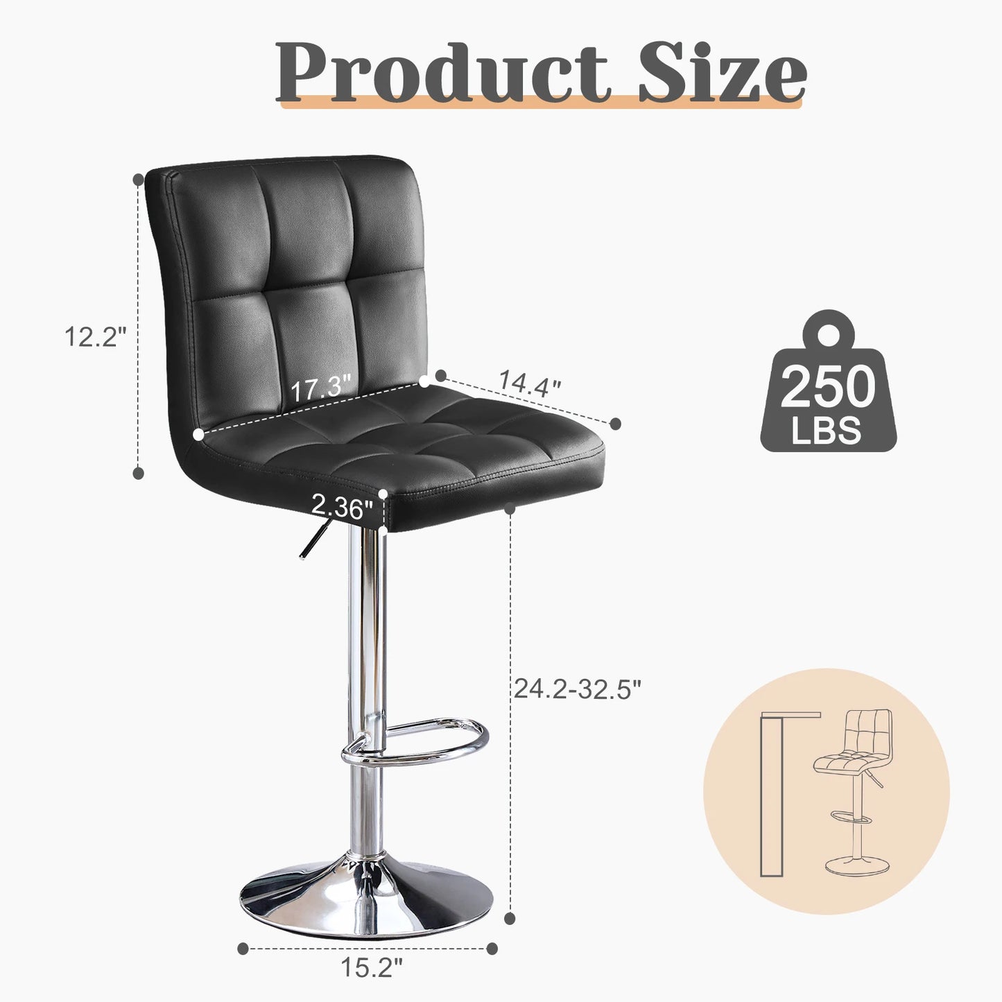 JHK PU Leather Bar Stools Set Of 2 Upholstered With Backrest
