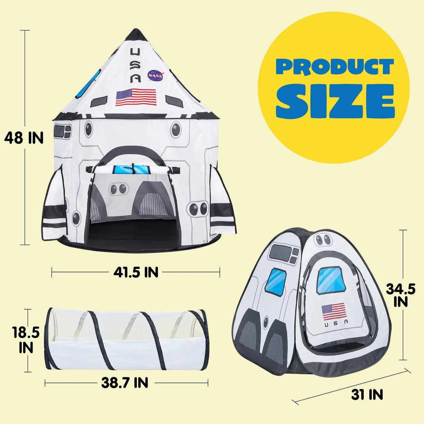Joyfy Rocket Ship Pop Up Tent Set With Tunnel For Kids Pretend Play