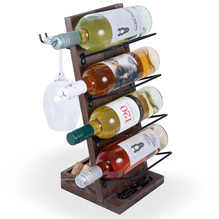 XMSJ Rueda Tabletop Wine Rack For Four Bottles And Stemware Cork Storage
