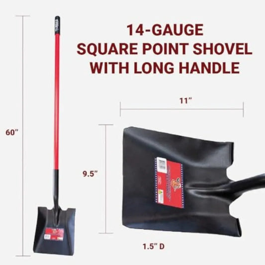 Square Point Shovel Heavy Duty 14 Gauge Steel With Fiberglass Handle