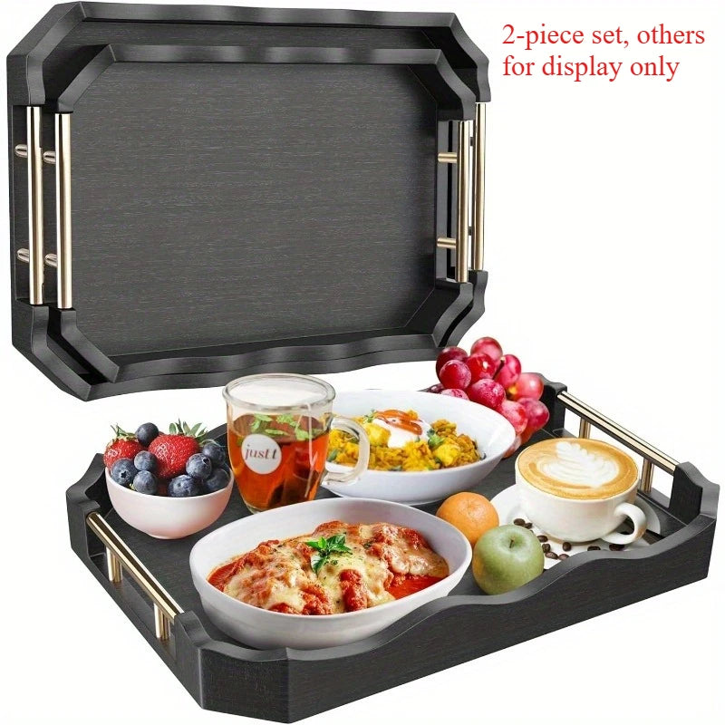 Bamboo Serving Tray Set Of 2 With Handles Wave Edge