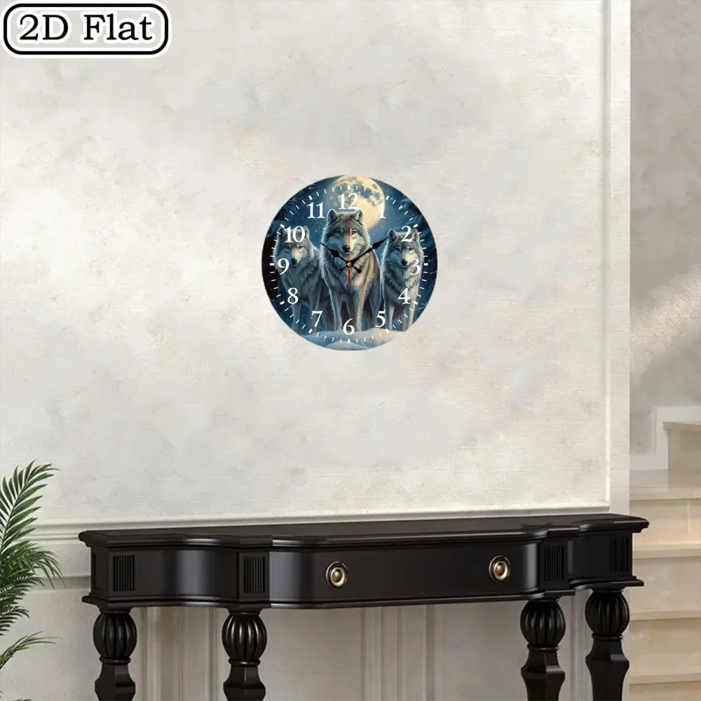 Wooden Wall Clock With Three Wolves Under Full Moon Pattern