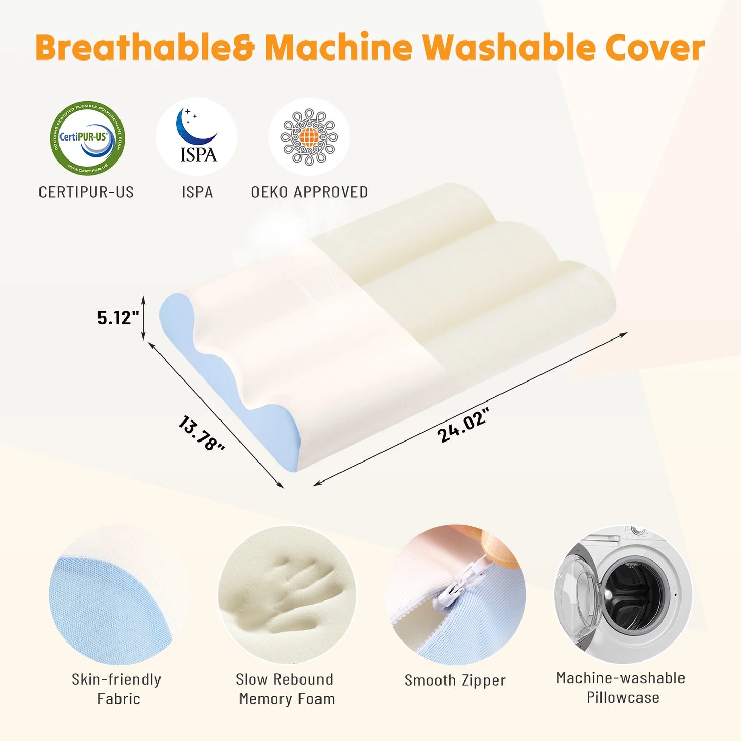 Ergonomic Contour Memory Foam Pillow for Neck Pain Relief Foam Bed Pillow with Cooling Washable Cover Pillowcase