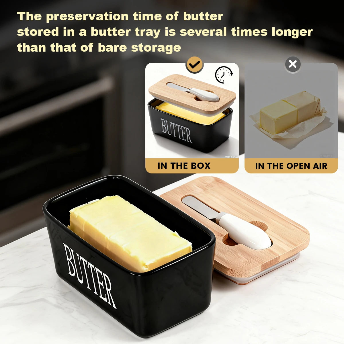 Ceramic Butter Dish With Bamboo Lid And Built In Knife