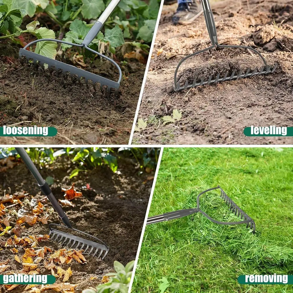 Long-Handled Garden Rake With 14 Metal Tines For Leaf Collection