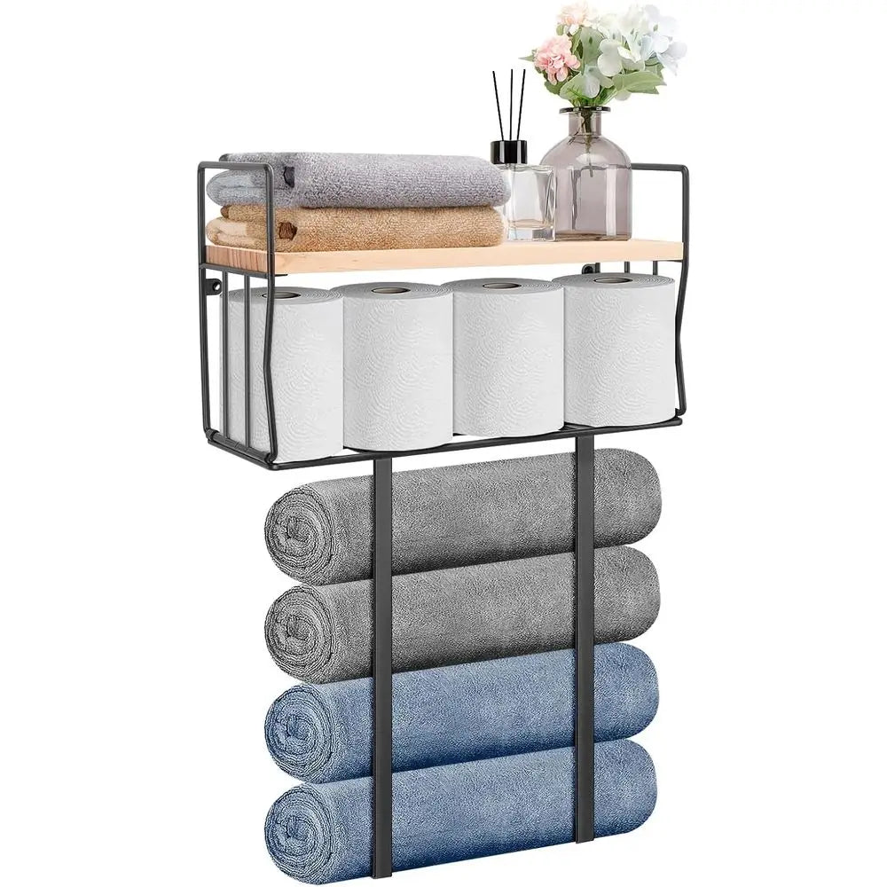 Black Wall-Mounted Metal Towel Rack with Storage Basket and Wooden Shelf for Small Bathrooms