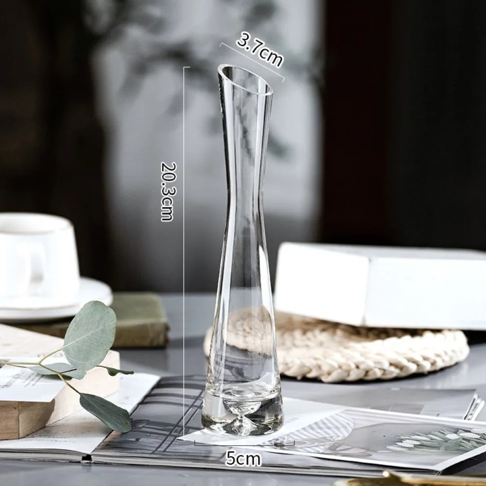 Clear Glass Slanted Mouth Vase For Modern European Home Decor