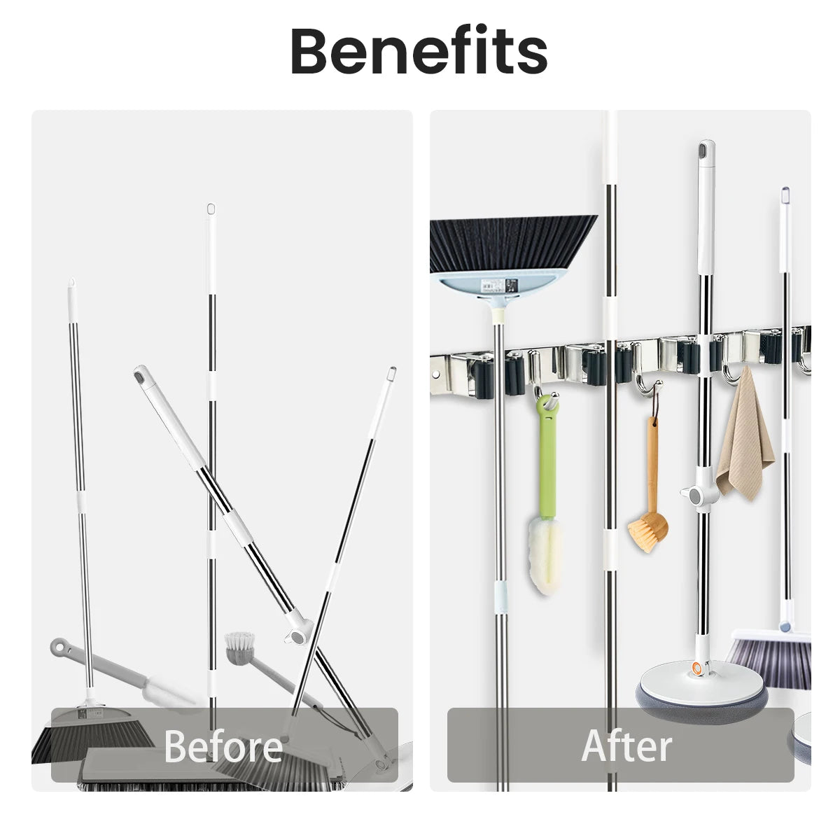 Stainless Steel Four Hook Broom Mop Organizer Wall Mounted Rack