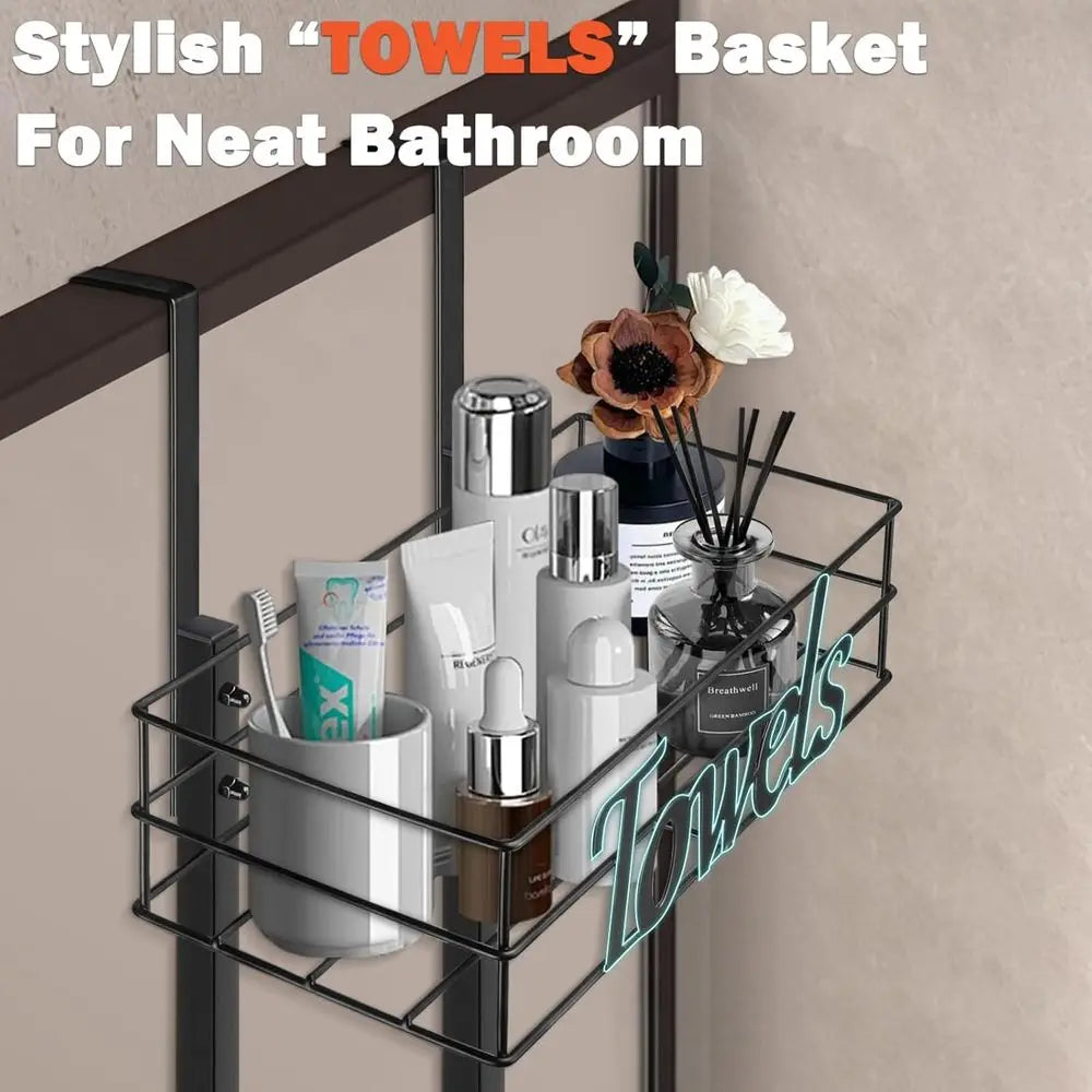 Towel Rack With Basket And Hooks No Drill Bathroom Storage
