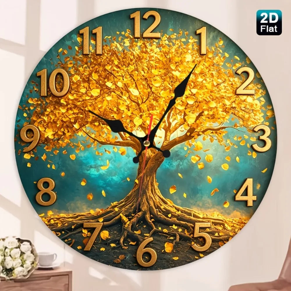 Tree Wall Clock With Golden Autumn Leaves For Rustic Nursery