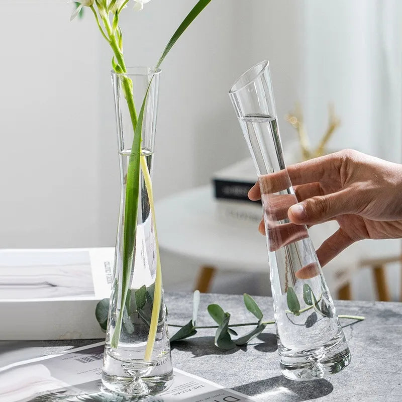 Clear Glass Slanted Mouth Vase For Modern European Home Decor
