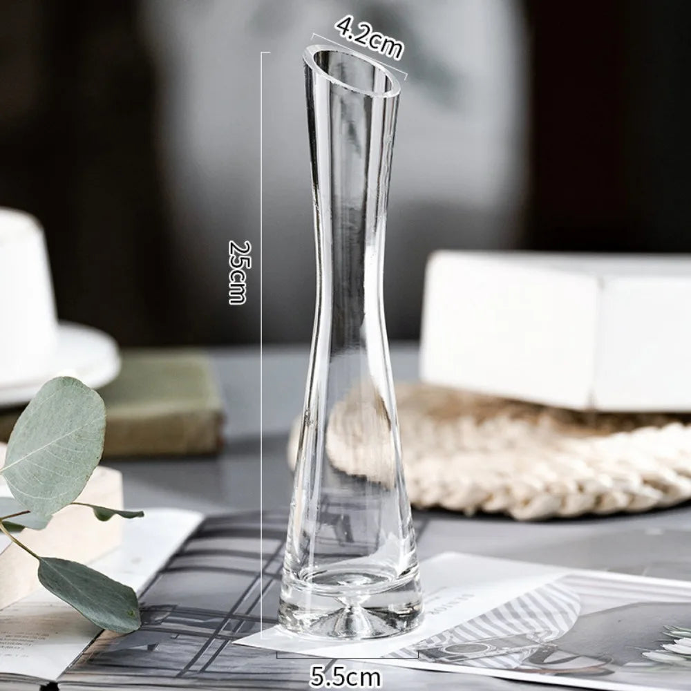Clear Glass Slanted Mouth Vase For Modern European Home Decor