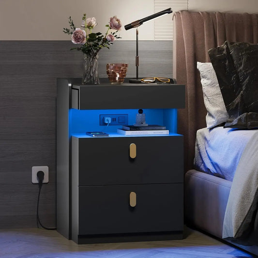 LED Nightstand With Charging Station Modern Bedside Table