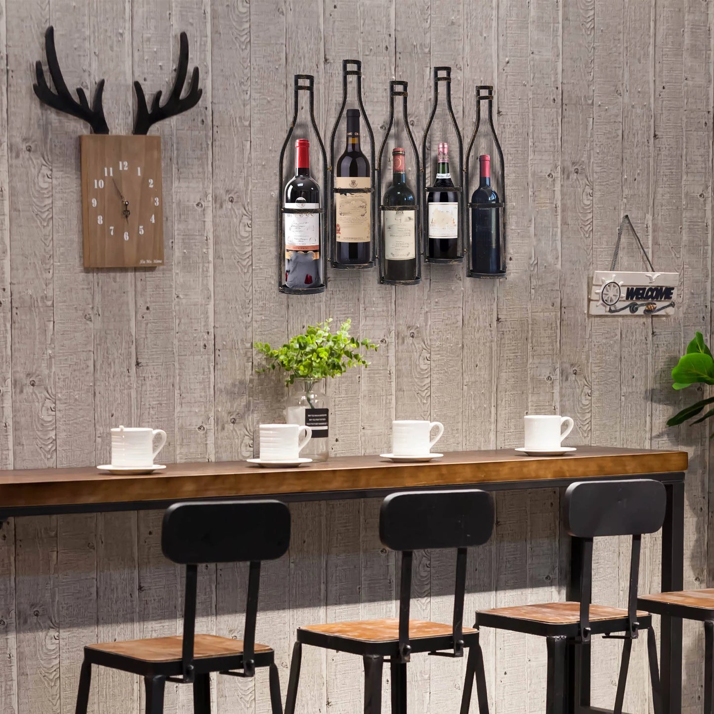 Wine Rack For Five Bottles Rustic Industrial Bronze Wall Mounted
