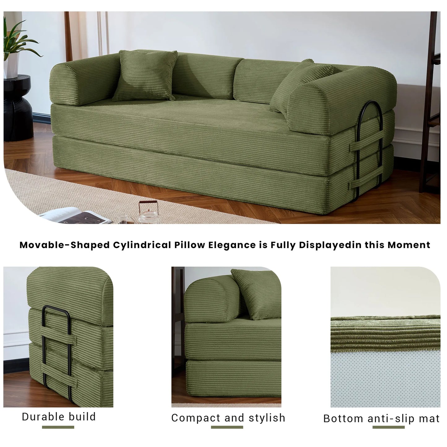 Corduroy Upholstered Folding Convertible Sofa Bed for Living Room