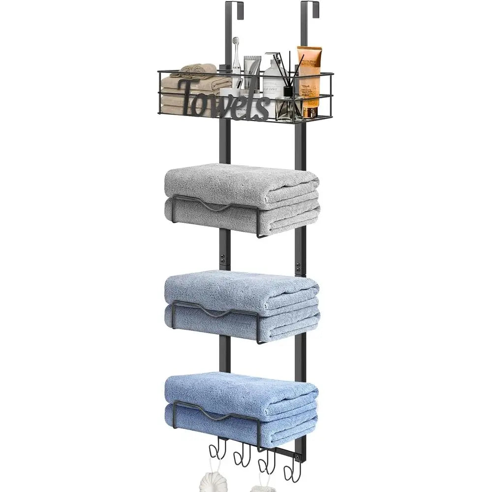 Towel Rack With Basket And Hooks No Drill Bathroom Storage