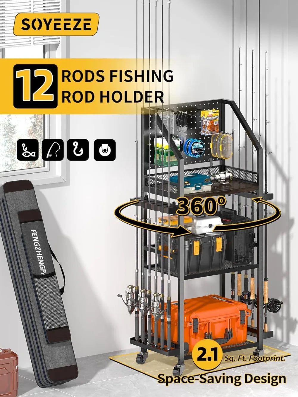 Garage Fishing Rod Holder Cart With Pegboard Holds 12 Rods