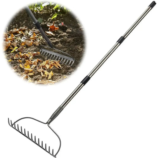 Long-Handled Garden Rake With 14 Metal Tines For Leaf Collection