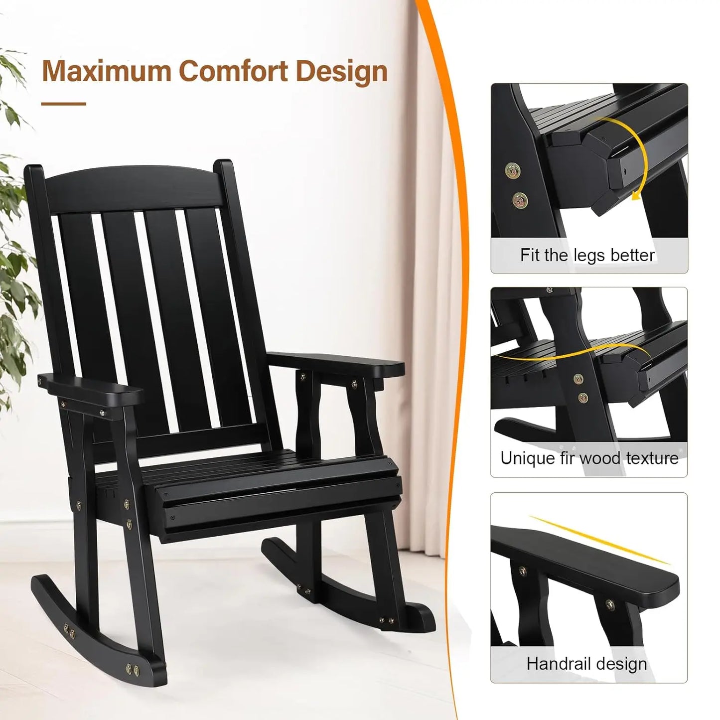 Heavy Duty Wooden Rocking Chair With Ergonomic Backrest For Patio