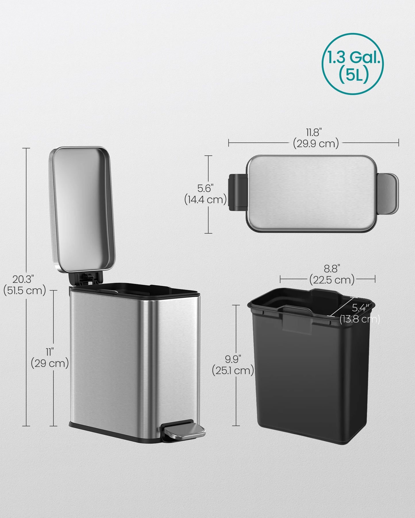 SONGMICS Slim Stainless Steel Bathroom Trash Can With Lid