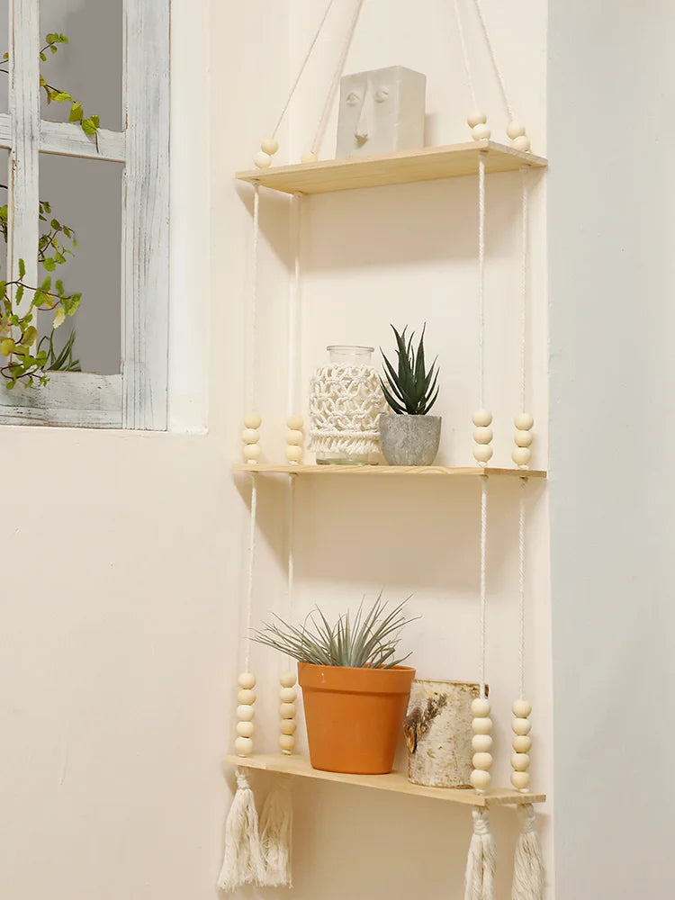 Wooden Wall Mount Storage Rack With Floating Plant Shelves