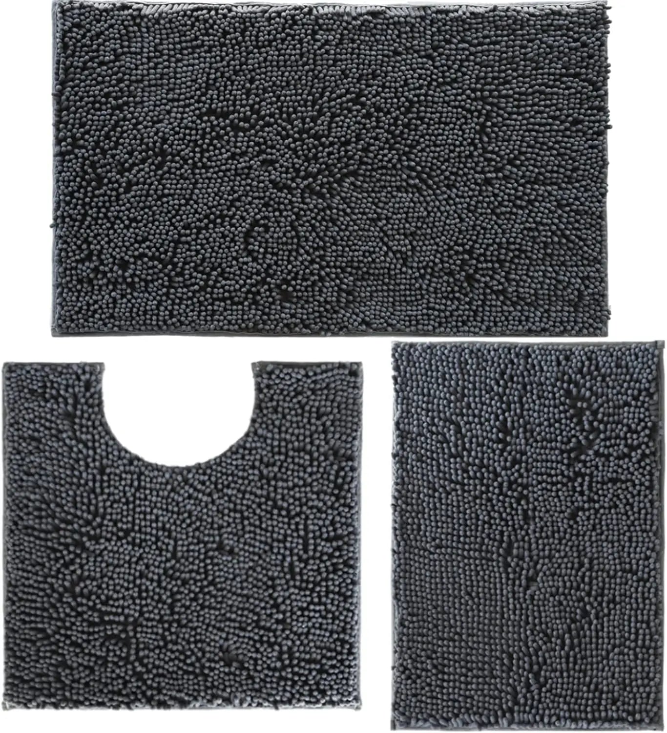 Chenille Bathroom Rugs Set 3 Piece Non Slip Mats PVC