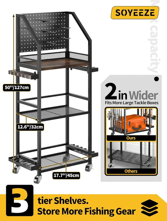 Garage Fishing Rod Holder Cart With Pegboard Holds 12 Rods