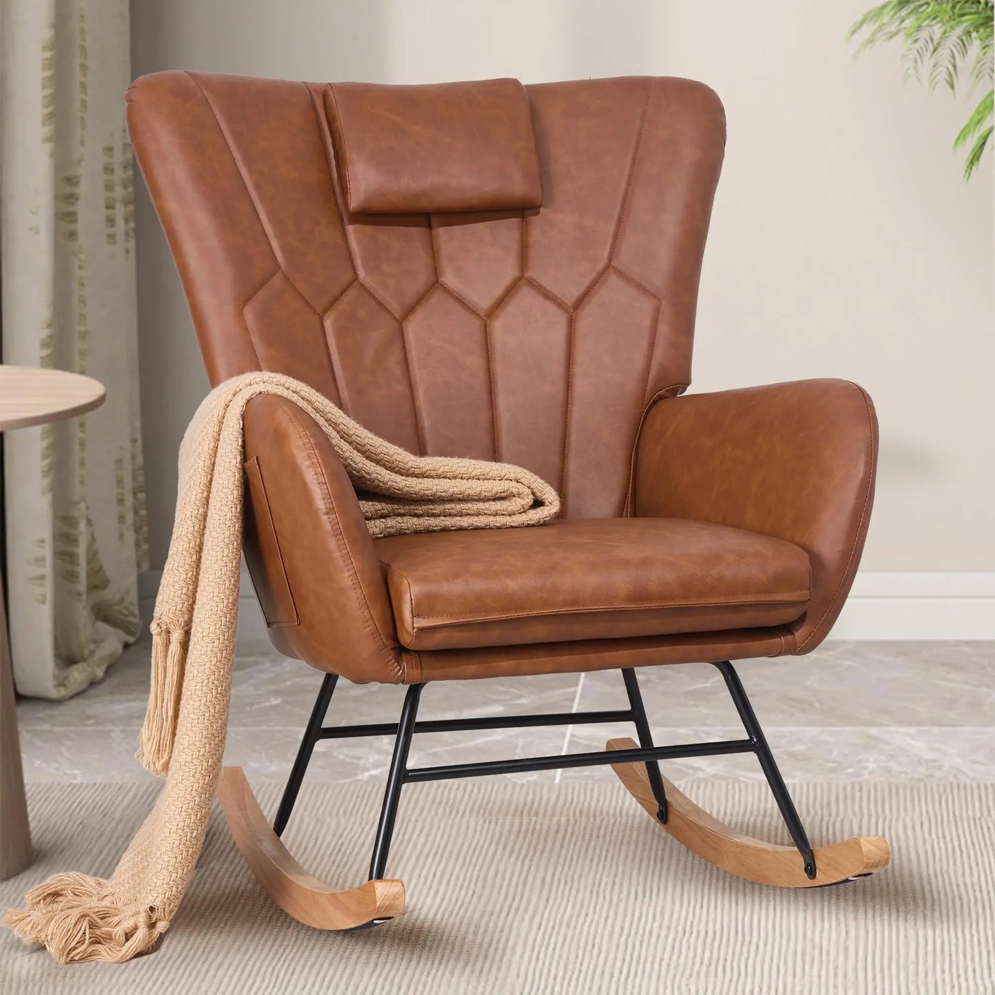 PU Leather Rocking Chair With High Backrest And Padded Seat