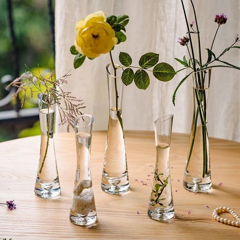 Clear Glass Slanted Mouth Vase For Modern European Home Decor