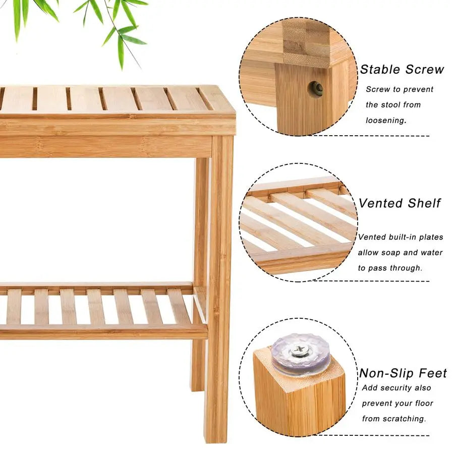 Bamboo Shower Bench Bath Seat Stool With Storage Shelf