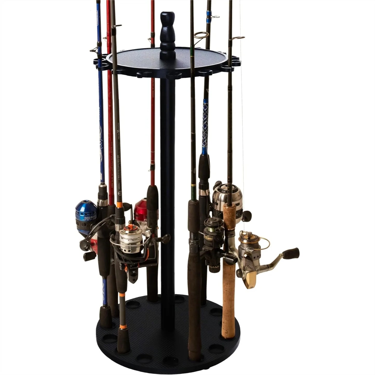 Round Fishing Rod Rack Holds 15 Rod and Reel Combos with Space-Saving Design for Garage Storage
