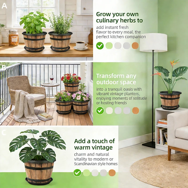 Indoor Large Resin Planter Imitation Wooden Barrel