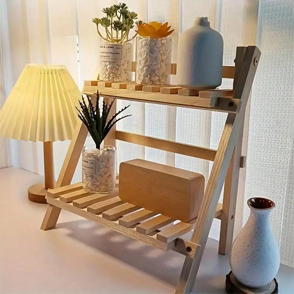 Wooden Desktop Display Shelf Dual Layer Storage Rack Foldable