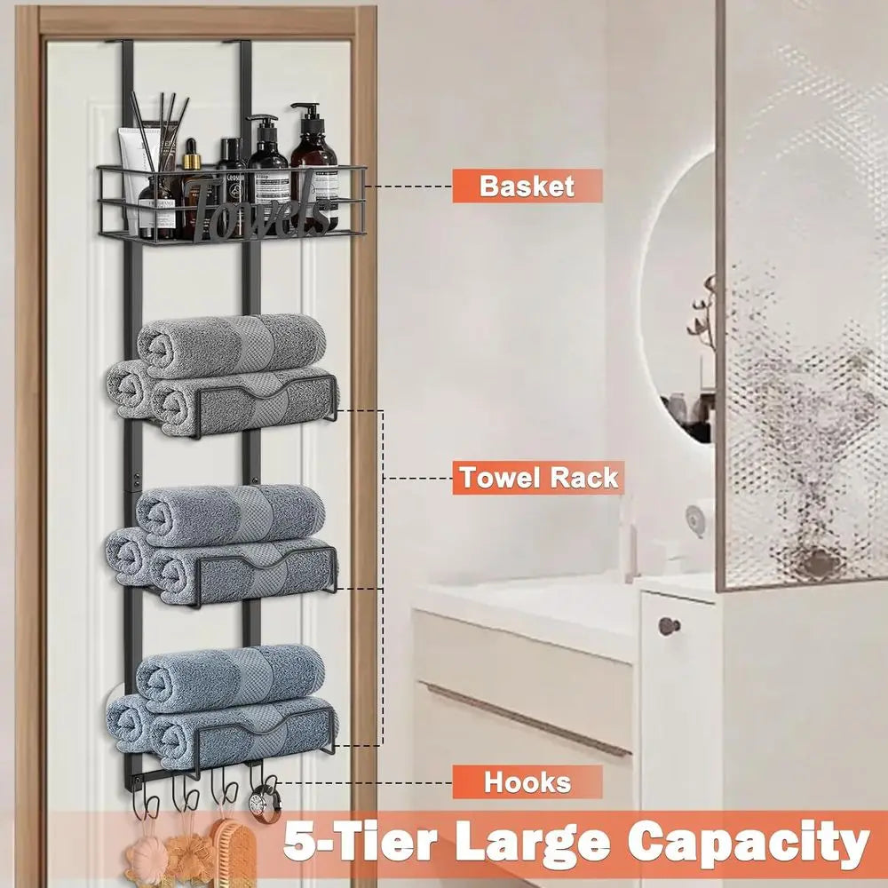 Towel Rack With Basket And Hooks No Drill Bathroom Storage
