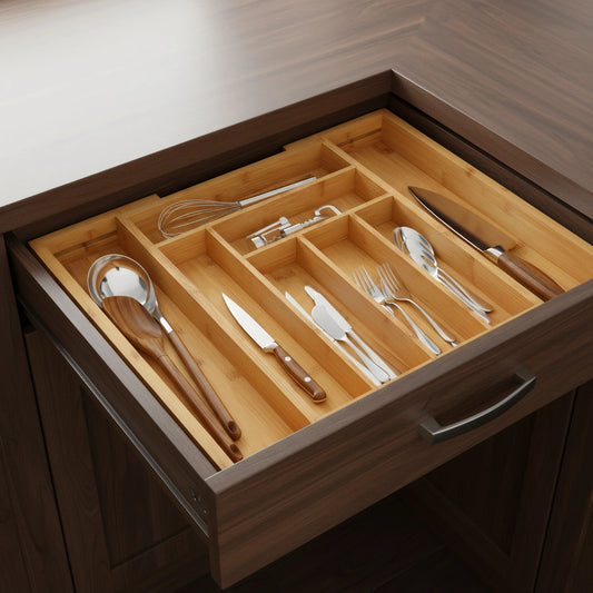 Bamboo Expandable Silverware Drawer Organizer, Adjustable Kitchen Utensil Tray for Forks, Spoons and Knives, Wood Storage Cutlery Holder for Bathroom and Living Room