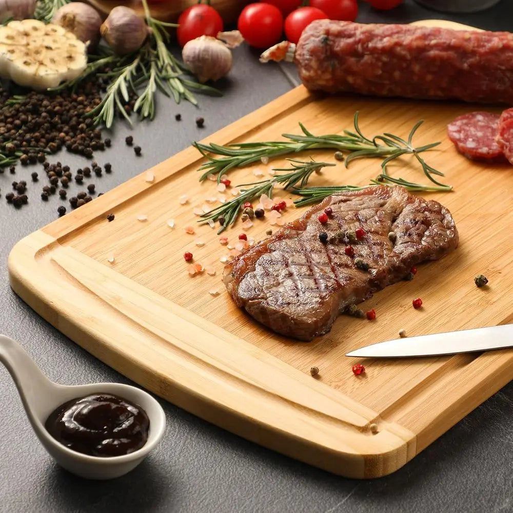 Organic Bamboo Cutting Board Set With Juice Groove And Handles