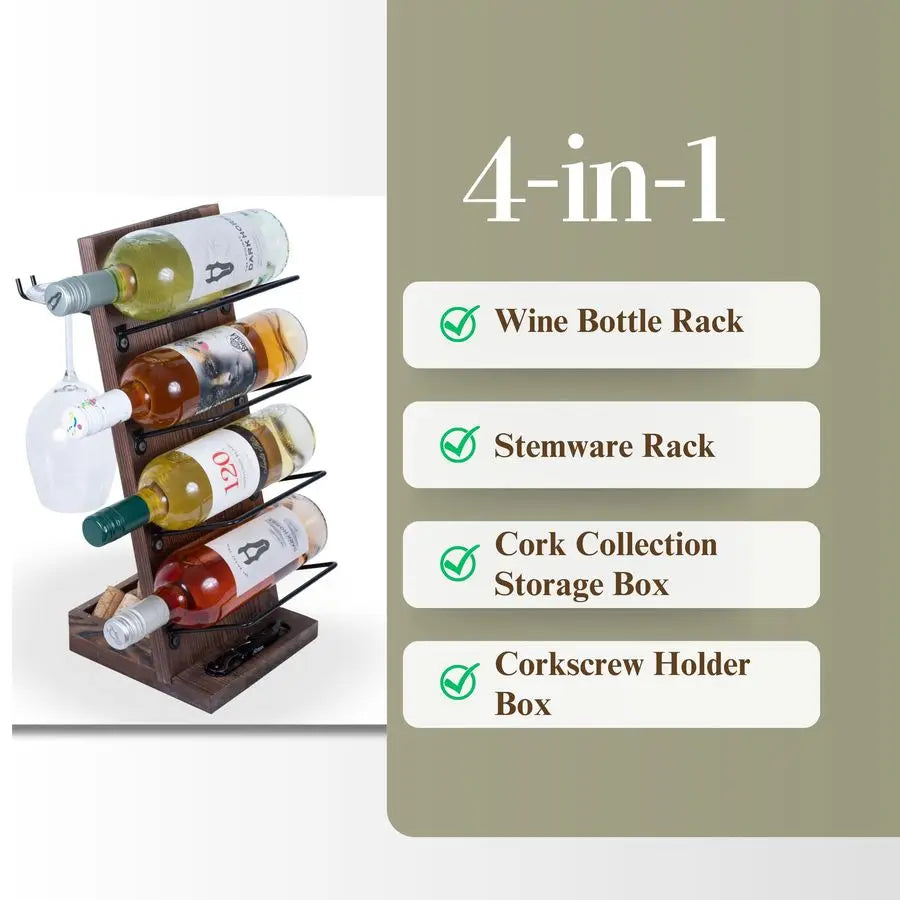 XMSJ Rueda Tabletop Wine Rack For Four Bottles And Stemware Cork Storage