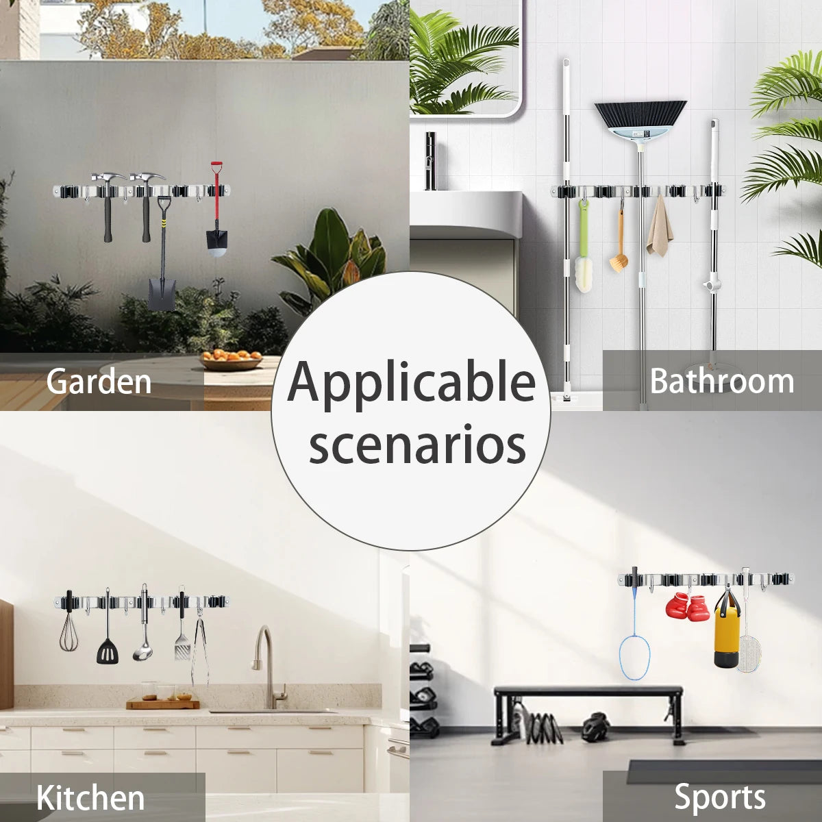 Stainless Steel Four Hook Broom Mop Organizer Wall Mounted Rack