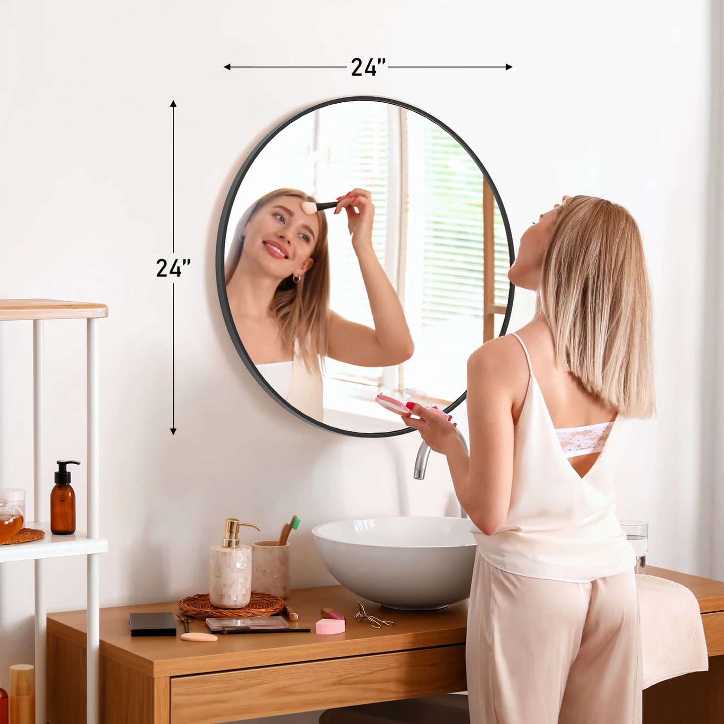 JHK Matte Metal Framed Round Vanity Mirror Wall Mount