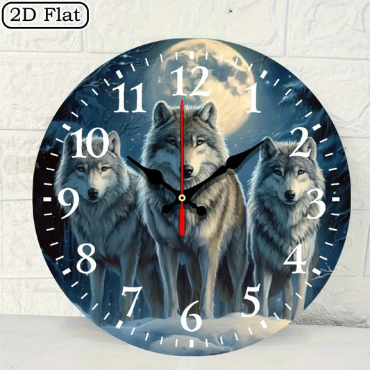Wooden Wall Clock With Three Wolves Under Full Moon Pattern