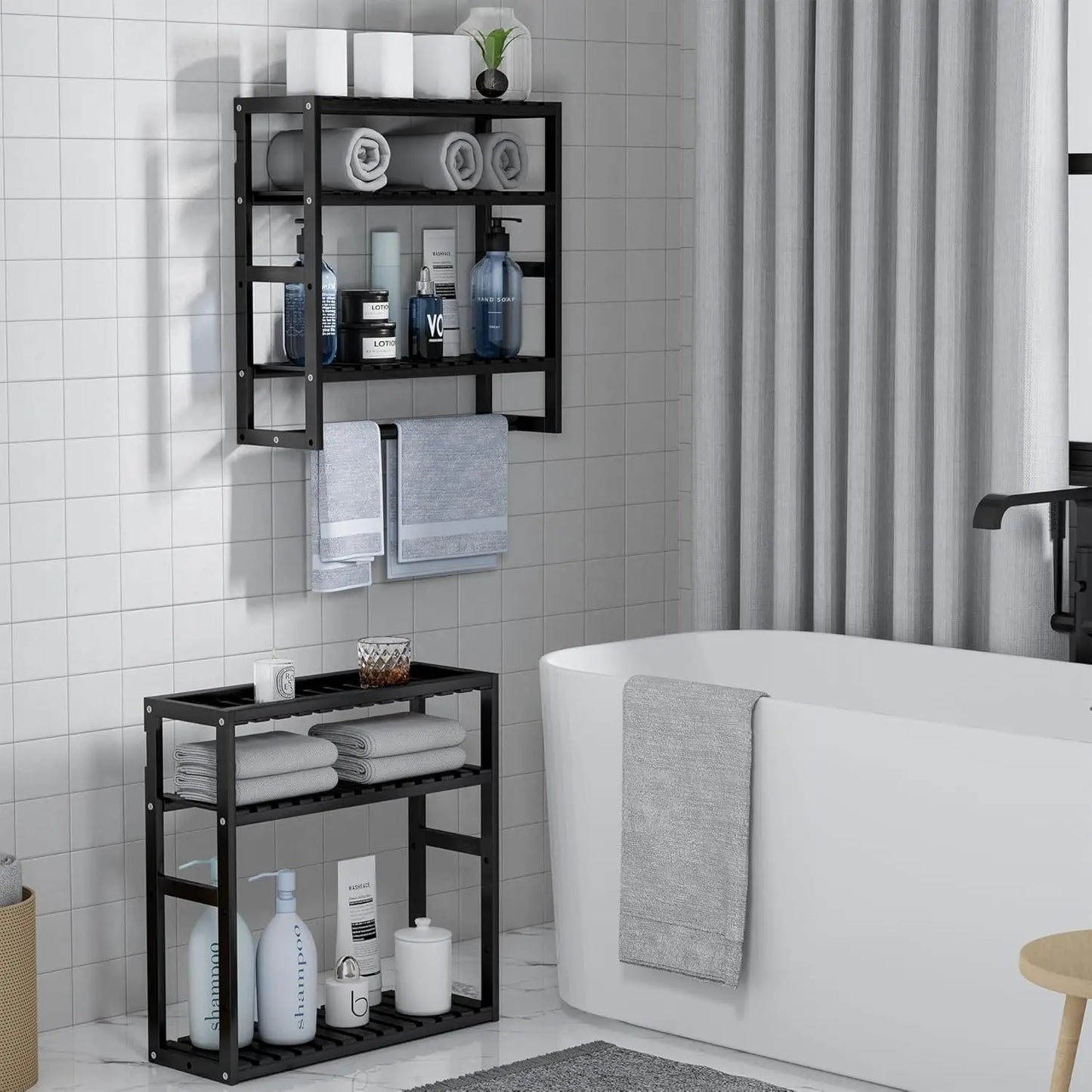 Bamboo Bathroom Towel Rack With Adjustable Floating Shelf And Bar