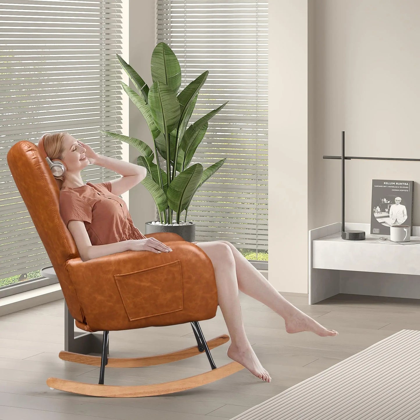 PU Leather Rocking Chair With High Backrest And Padded Seat