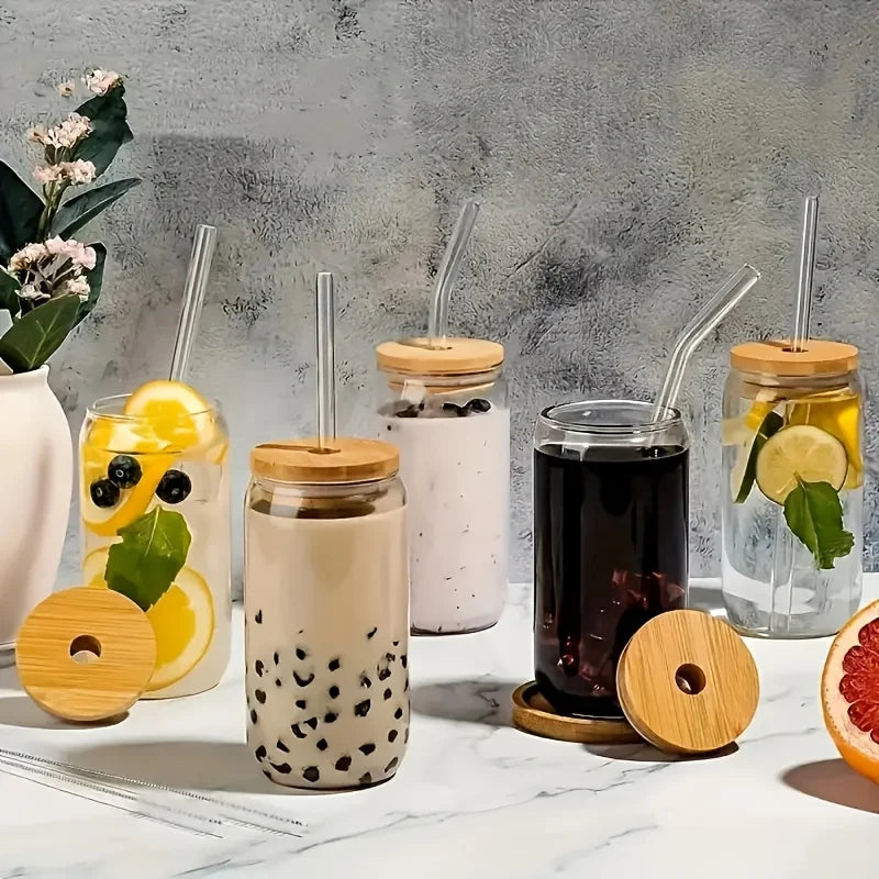 Drinking Glasses Set With Bamboo Lids And Glass Straws