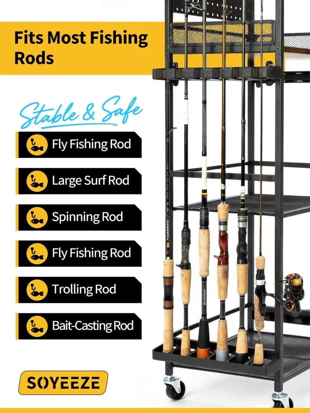 Garage Fishing Rod Holder Cart With Pegboard Holds 12 Rods