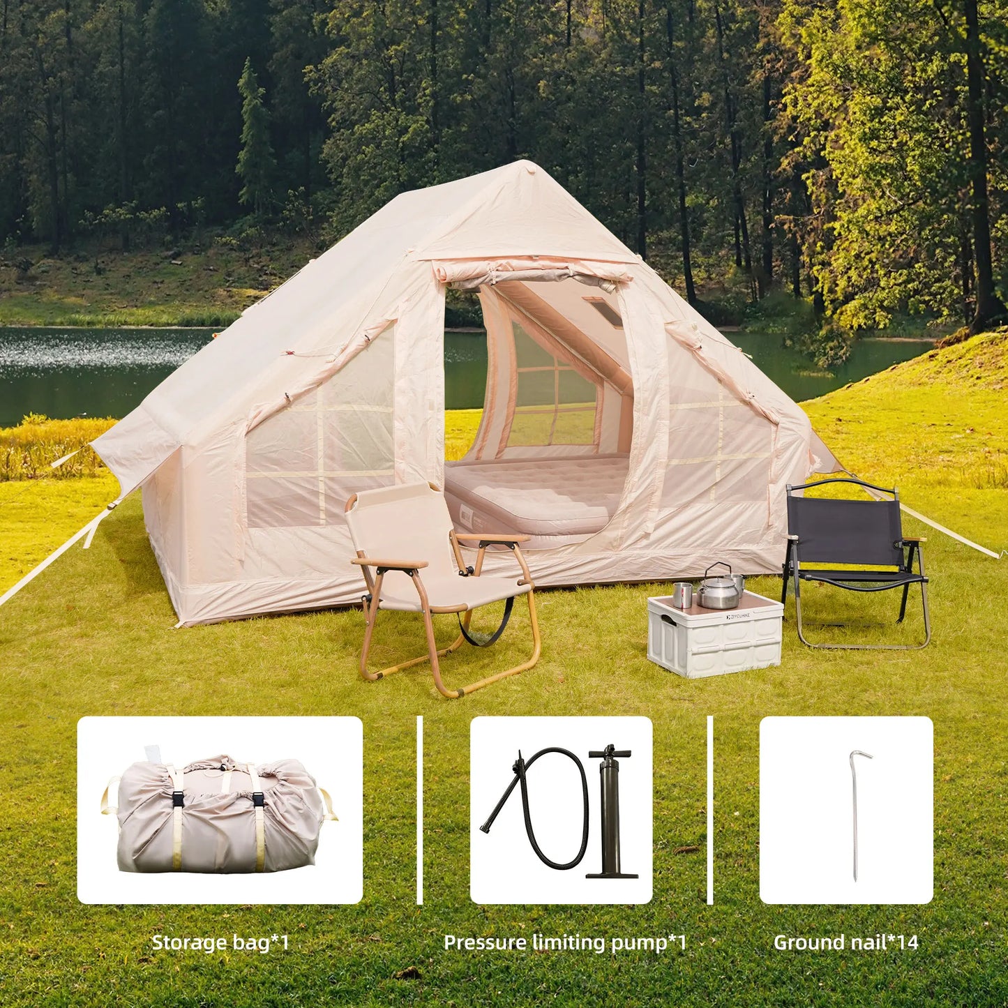 Inflatable Camping Tent Chimney Window Easy Setup 4 Season Waterproof